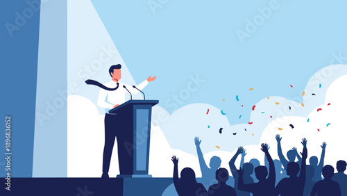Successful businessman delivering speech at podium with cheering crowd and confetti representing leadership and public recognition.