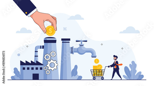 Large hand investing coin into factory while businessman catches profit in cart representing industrial production and financial return.