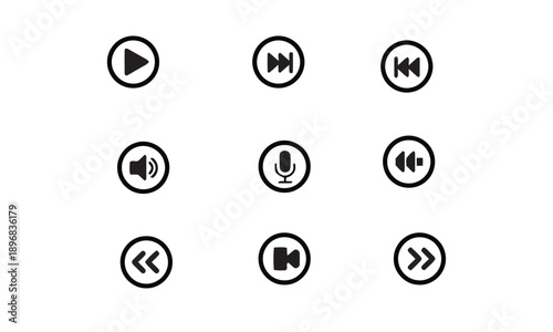 Collection of simple black outline and solid icons for media player controls like play pause skip backward forward volume microphone and navigation for user interface on white background vector set