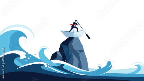 Stranded businessman in paper boat stuck on sharp rock in stormy ocean representing business failure and difficult market conditions.