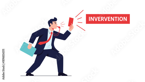 Manager in business suit blowing whistle and holding up red card for corporate intervention, regulation, and ethical compliance.