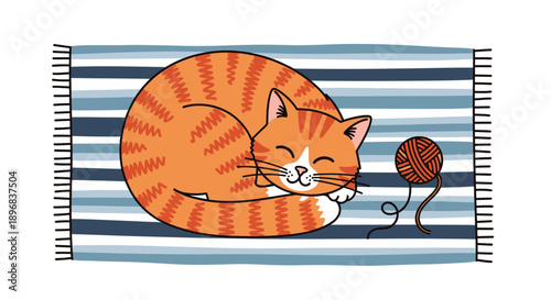 Orange Cat Sleeping with Ball of Yarn.