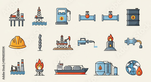 Collection of oil and gas industry icons and symbols.