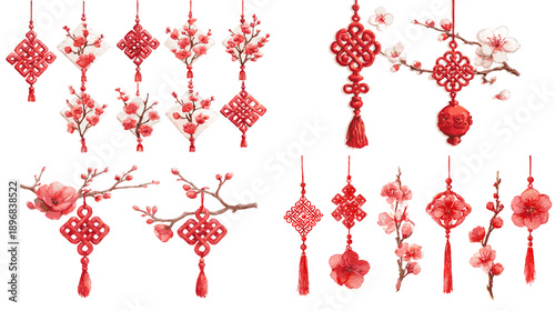 Watercolor Chinese New Year ornaments set with red knots, tassels, plum blossoms, and lucky charms. Festive decoration collection for Lunar New Year greetings and design.