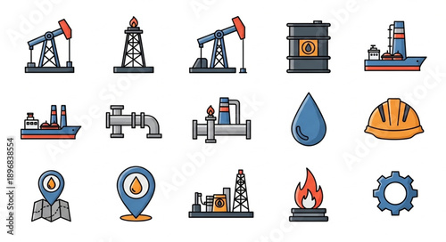 Collection of oil and gas industry icons and symbols.