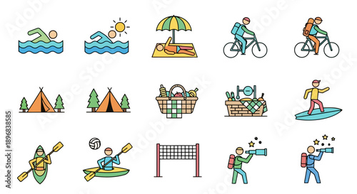 Collection of Outdoor Activity Icons and Symbols.