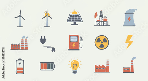 Collection of renewable and traditional energy source icons.