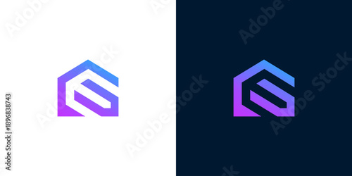 Abstract geometric house logo design with purple and blue gradient on white and dark backgrounds
