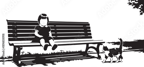 Minimalist Black and White Vector of a Little Girl Sitting on a Park Bench Watching a Cat