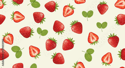 Strawberries and Leaves Patterned Background Design.