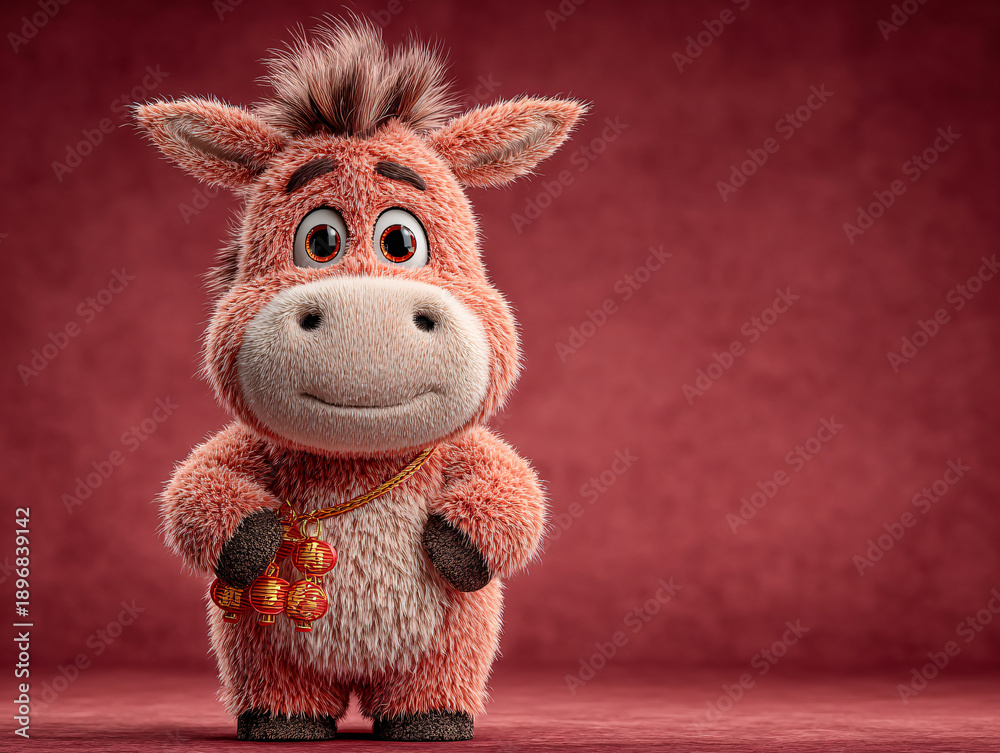 Fototapeta premium a cute, cartoonish red horse with a cheerful expression, holding something small in its hands. The background is a solid red color with a subtle texture.