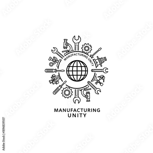 Line art logo symbolizing global manufacturing unity, featuring a central globe surrounded by various industrial tools and mechanical components.