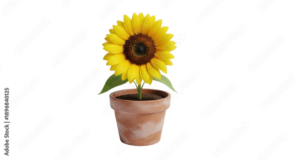 Obraz premium Single yellow sunflower in a terracotta pot, green leaves, brown center, isolated PNG with Transparent Background
