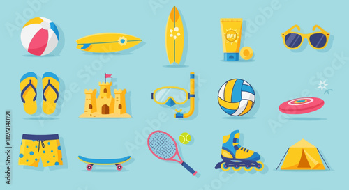 Collection of Summer Beach Vacation Objects and Accessories.