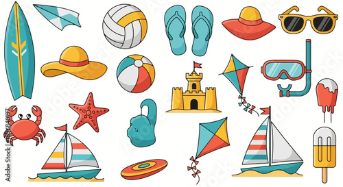 Collection of Summer Beach Vacation Objects and Activities.