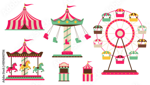 Carnival Amusement Park Rides And Circus Attractions Vector Set