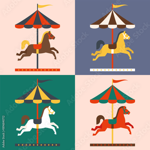 Carousel Horse Color Variations Carnival Amusement Ride Illustration Set