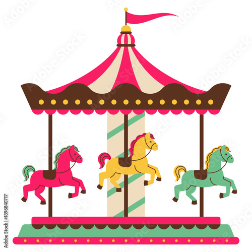 Colorful Vintage Carousel With Horses Carnival Amusement Ride