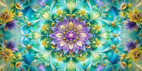 Whimsical Floral Mandala A Symphony of Pastel Hues and Golden Accents in a Teal Seascape