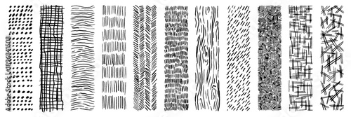 Crosshatch pattern texture set. Hand drawn pencil line. Wood, rain, stripe, hatch organic shape collection. Sketch vector illustration.