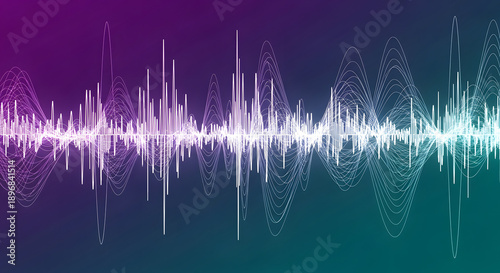 An intricate and complex sound wave visualization displays fluctuating amplitudes across a vibrant blue, purple, and white gradient, symbolizing audio analysis, communication, and digital technology.