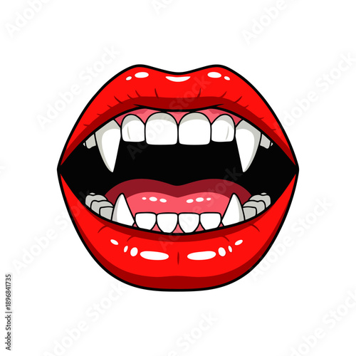 Illustration of a cartoon vampire's mouth with red lips and fangs on a white background.