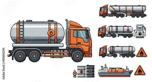 Collection of tanker trucks and related transportation elements.