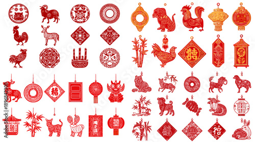 Chinese New Year red icons set with zodiac animals, lanterns, coins, knots, firecrackers, and lucky symbols. Festive collection for Lunar New Year greetings and design.
