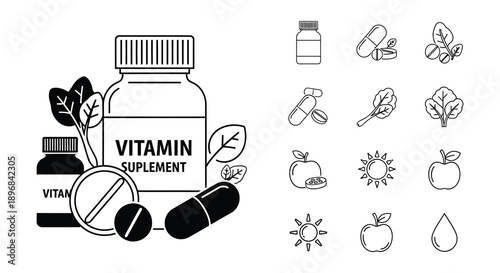 Line art illustration of vitamins fruits and supplement capsules