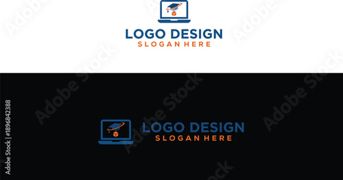 Laptop with graduation cap icon and Logo Design text representing online education and e-learning services perfect for educational websites and apps