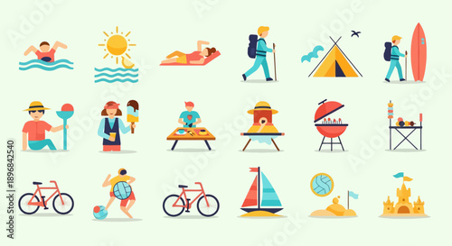 Collection of Summer Vacation and Outdoor Activity Icons.