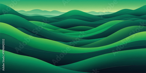 Abstract green mountain landscape vector illustration with flowing wavy lines and light blue water curves in a creative pattern design backdrop