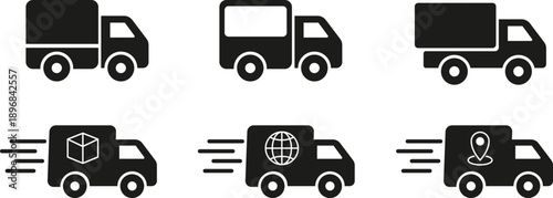 Delivery truck icon set for shipping, logistics, and e-commerce transport. Fast delivery van icons with global tracking and local shipping symbols.
