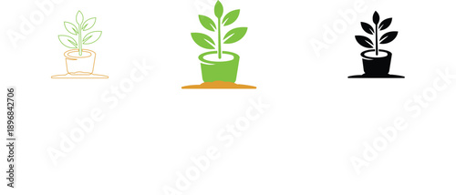 Collection of potted plant icons in different styles representing growth and nature for design projects