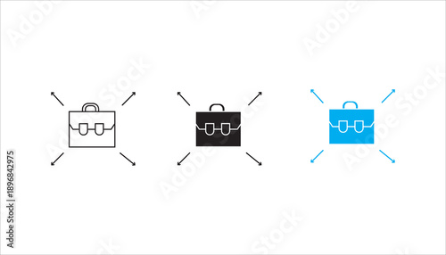 Line icon of a business briefcase surrounded by directional arrows, symbolizing business growth, expansion, strategy, and management planning. Suitable for corporate, startup, and finance concepts.