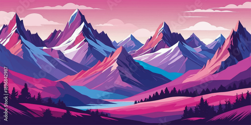 Majestic sun glowing over a snowy alpine mountain range with winter peaks and high glacier clouds at sunrise and sunset panorama