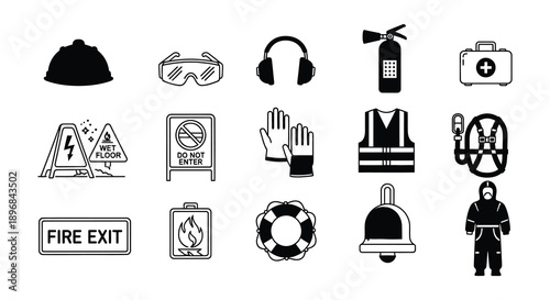 Collection of safety and hazard warning icons in a linear style