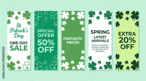 Green sale banners with shamrocks featuring discount offers, including one-day sale, special offer 50% off, fantastic prices, spring deals, and extra savings