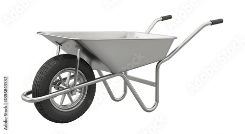 A silver wheelbarrow with a black tire on a dark background