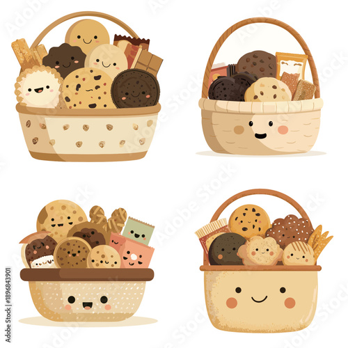 Cute cartoon cookie baskets with smiling faces filled with biscuits and sweets. Kawaii bakery hamper set for gifts, kids parties, snack packaging, and food illustration.