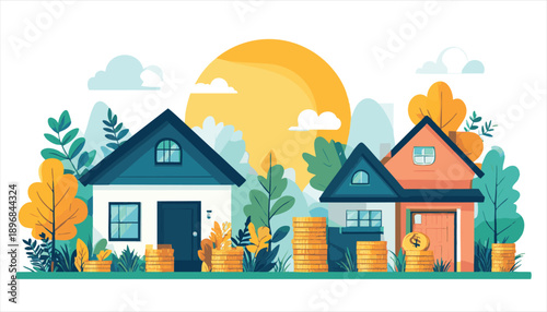 vector Illustration of houses surrounded by trees and coins stack