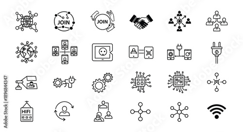 Collection of diverse black and white line icons representing technology and connection