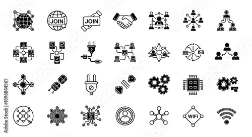 Collection of diverse black and white line icons representing technology and connection