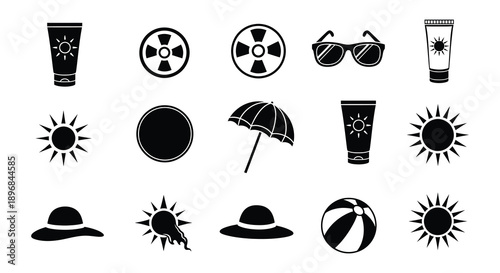 Black and white summer icons depicting sun protection and beach essentials