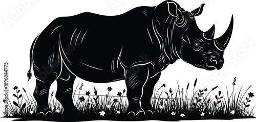 Black silhouette of big rhinoceros standing in grass with flowers isolated on white background for african wildlife nature and safari vector illustration concepts