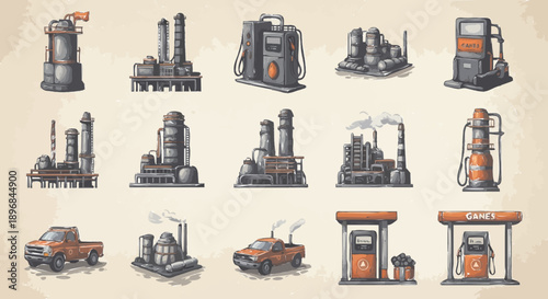 Collection of vintage industrial factory and gas station illustrations.