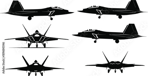 Black silhouette set of modern military stealth fighter jet aircraft vector illustration isolated on white background for air force aviation and war design concepts