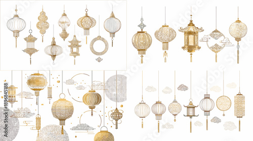 Elegant hanging Ramadan lanterns and ornaments set in gold line style. Arabic Islamic decoration collection for Eid, festive greeting cards, invitations, and luxury backgrounds.
