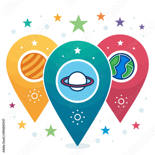 A colorful vector graphic of three planet icons in pin shapes