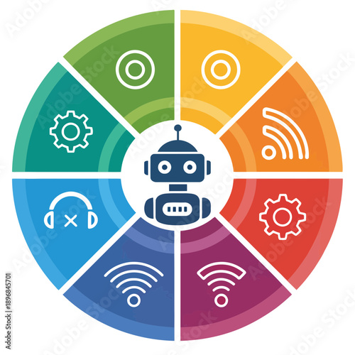 A colorful vector graphic of a robot surrounded by technology icons